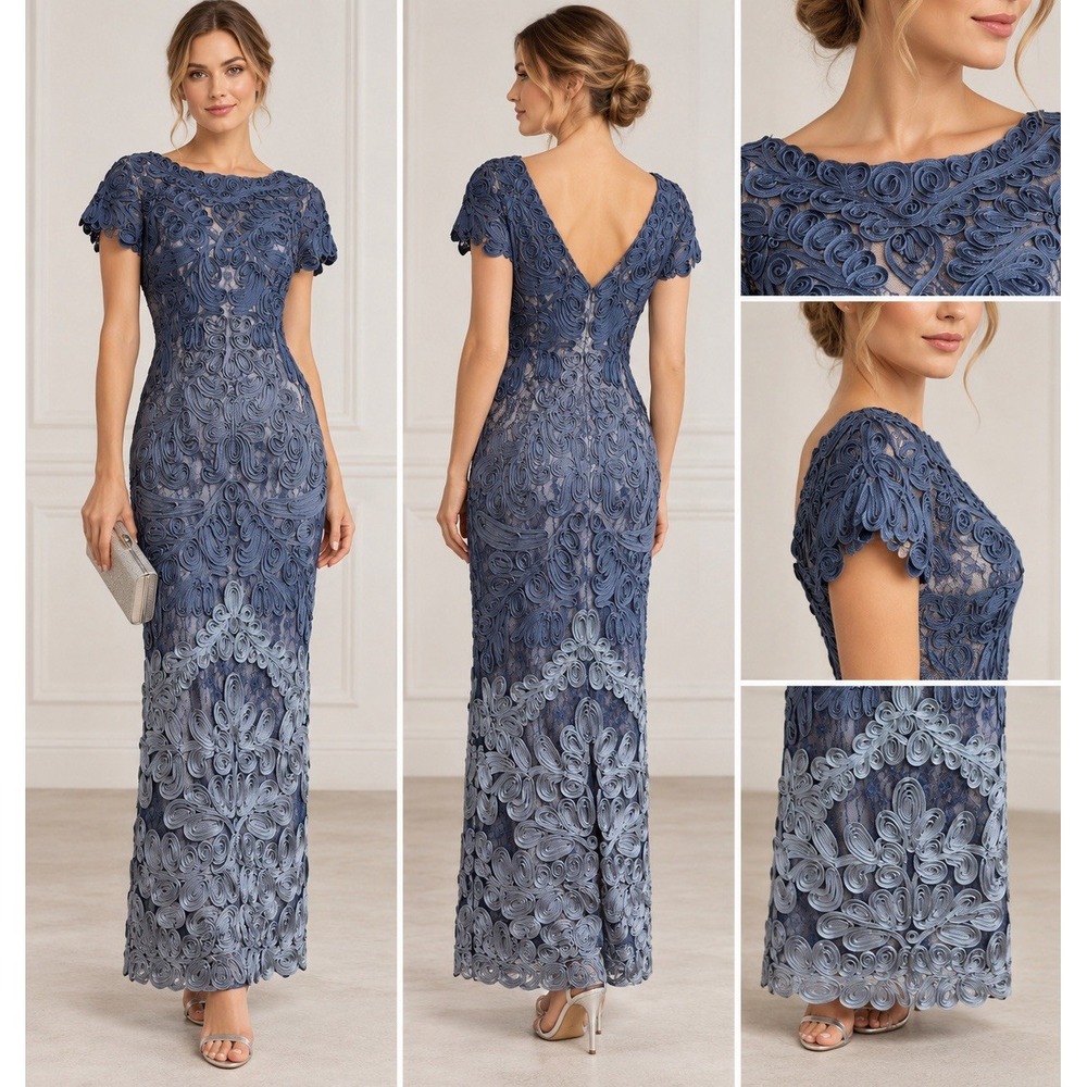 JS Collections 4 Soutache Lace Maxi Gown Blue Navy Formal Evening Dress Sheath